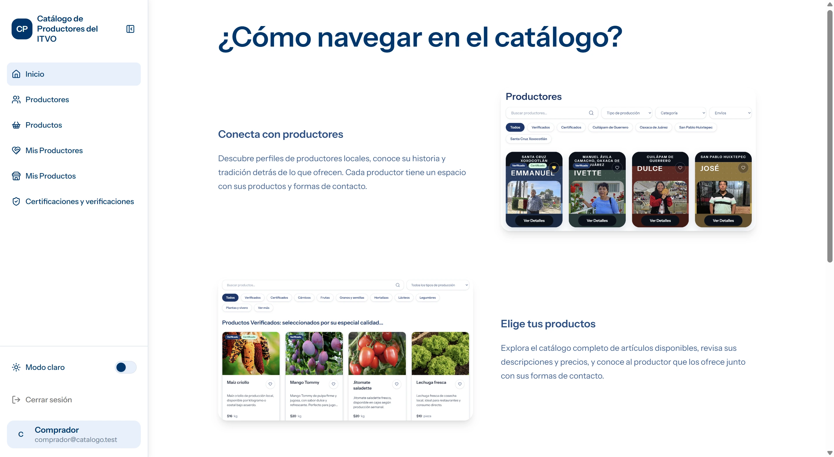 Panel principal del catálogo privado de productores