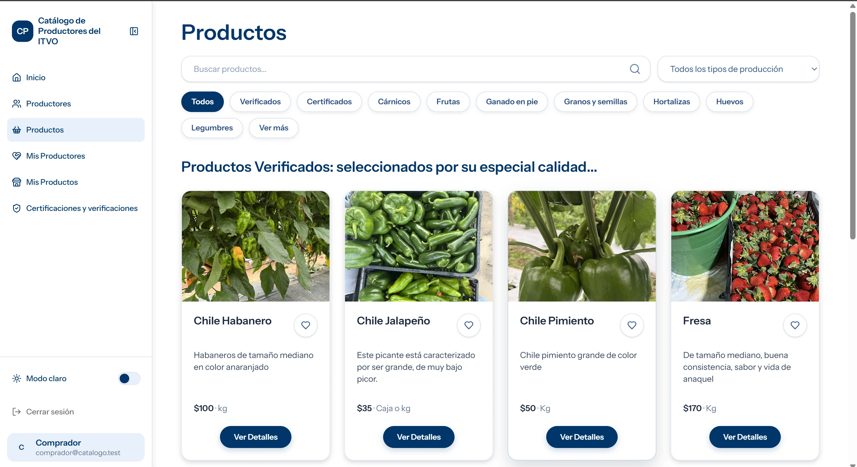 Panel administrativo para catálogo privado de productores